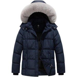 Women's Removable Hooded Warm Quilted Puffer Fur Jacket Coat Navy Winter Warm